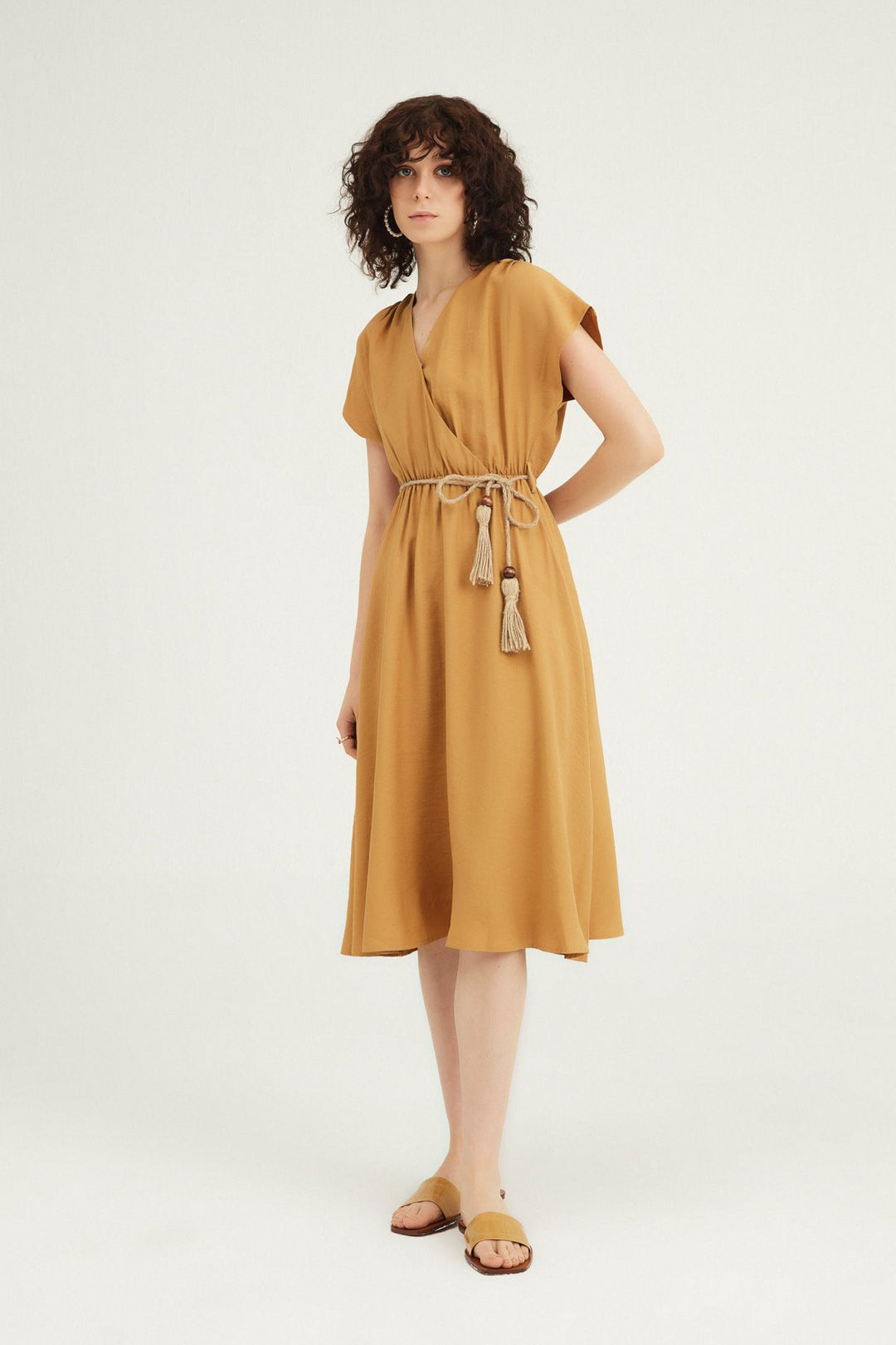 Double Breasted Straw Belt Dress Camel