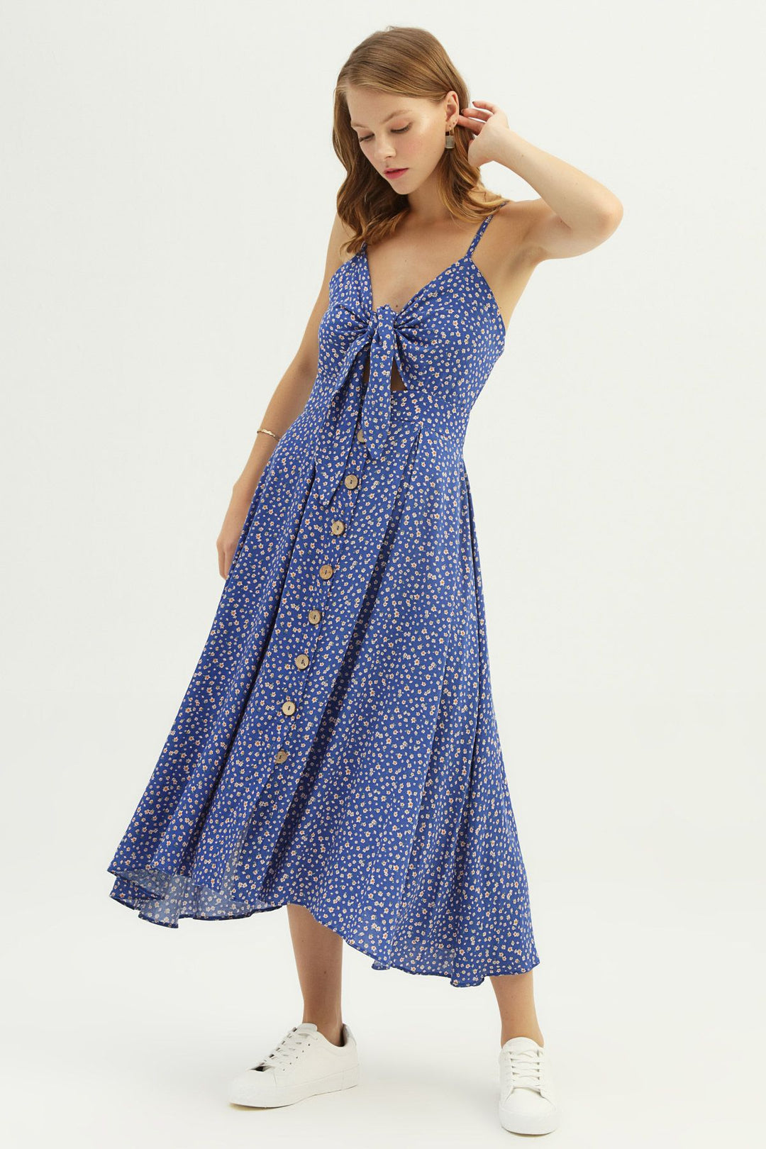 Floral Patterned Front Tied Strap Dress Sax