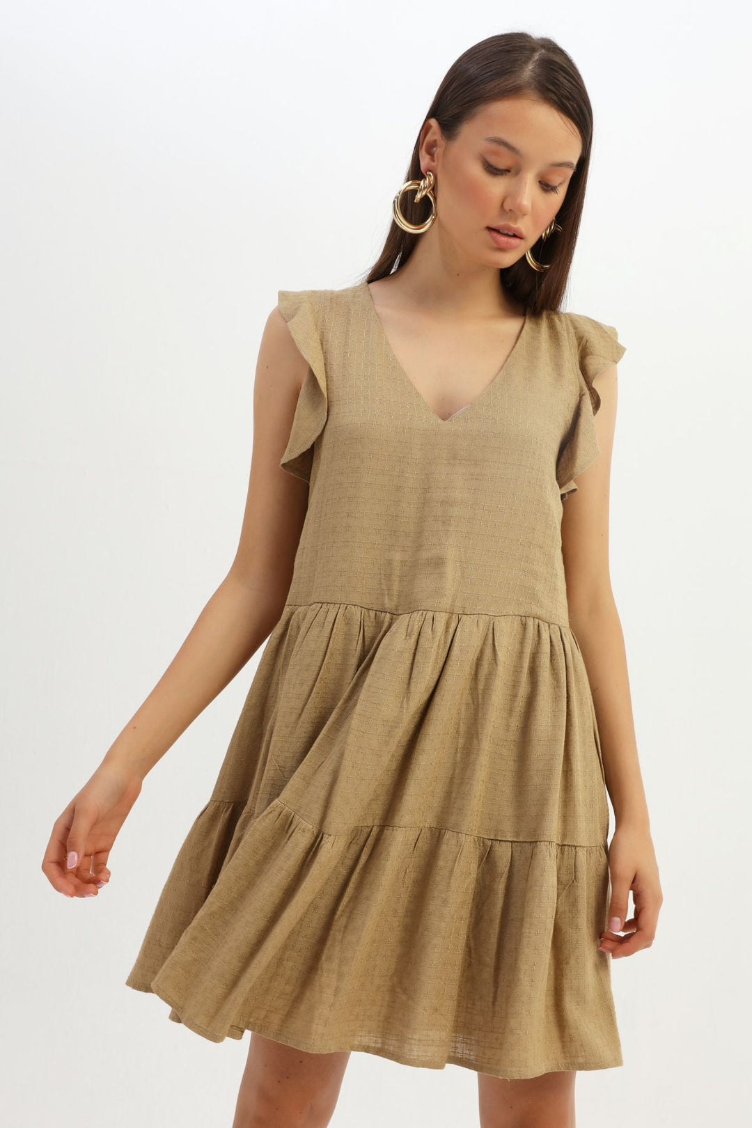 Frilly V Neck Linen Dress Camel
