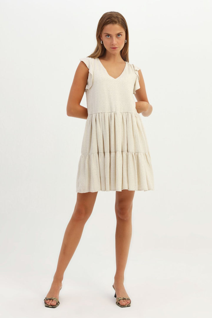 Ruffle V Neck Linen Dress Natural