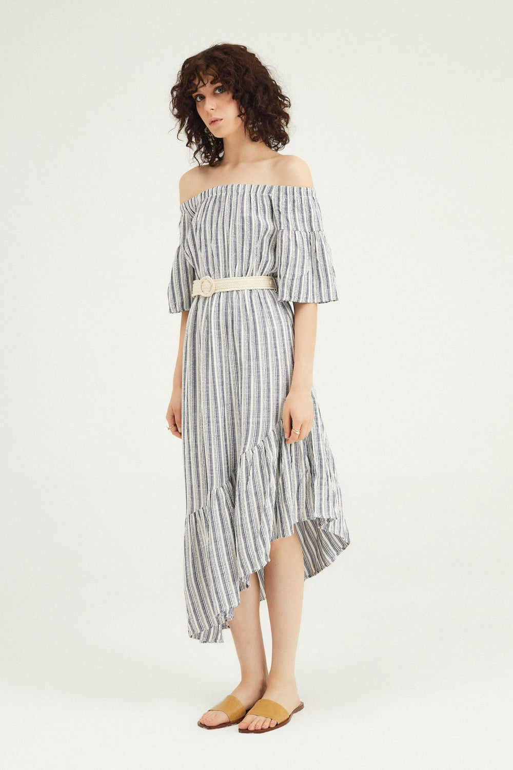 Off Shoulder Asymmetrical Belted Dress Indigo