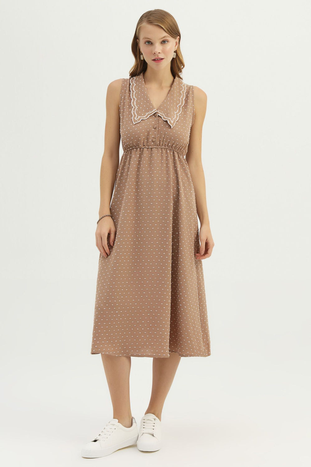 Embroidered Collar Sleeveless Dress Camel