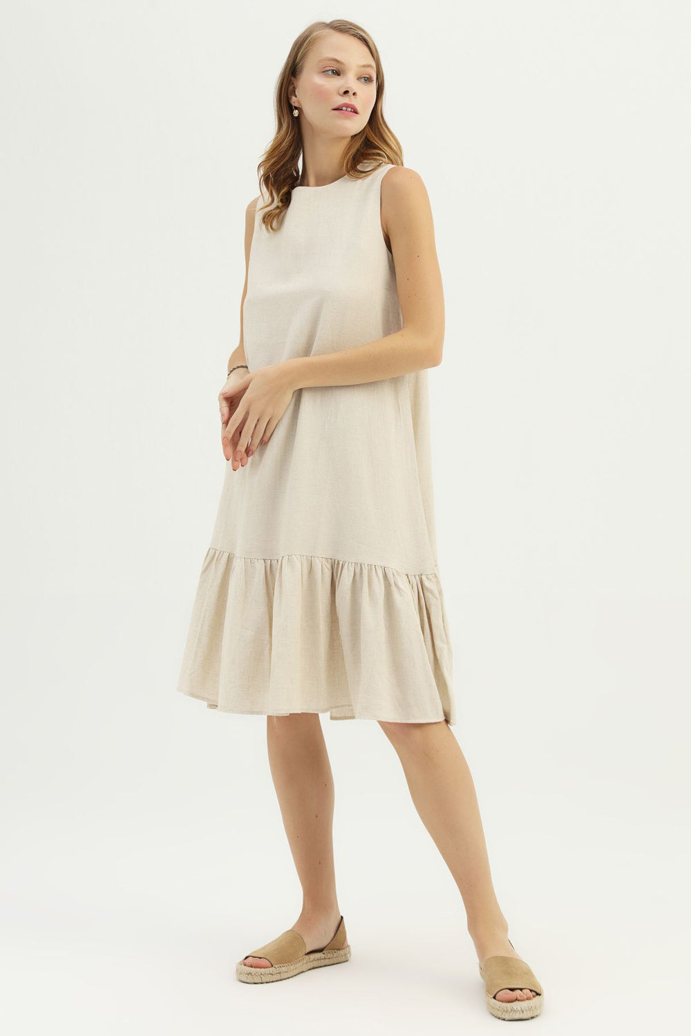 Frilly Hem Linen Dress Natural