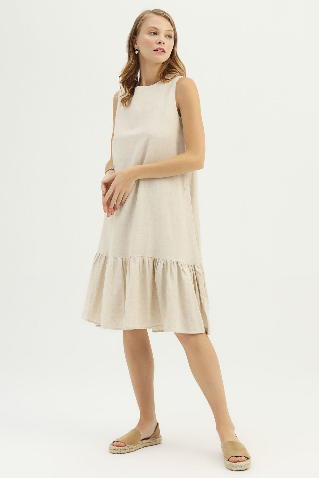 Frilly Hem Linen Dress Natural