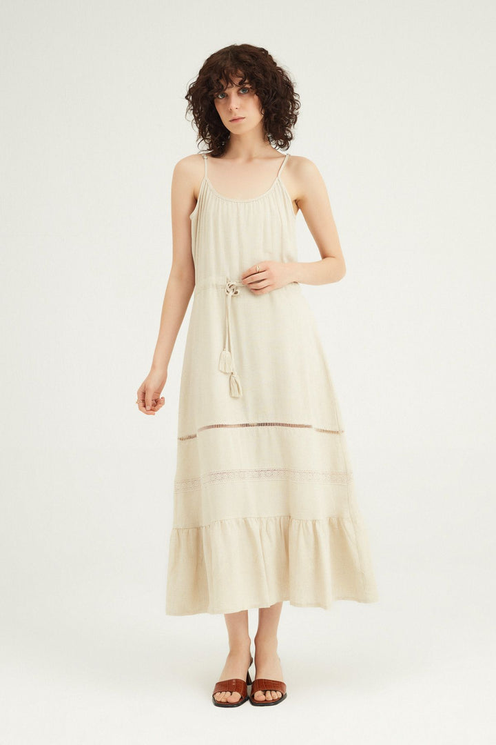 Strapless Linen Dress With Pleated Waist Natural