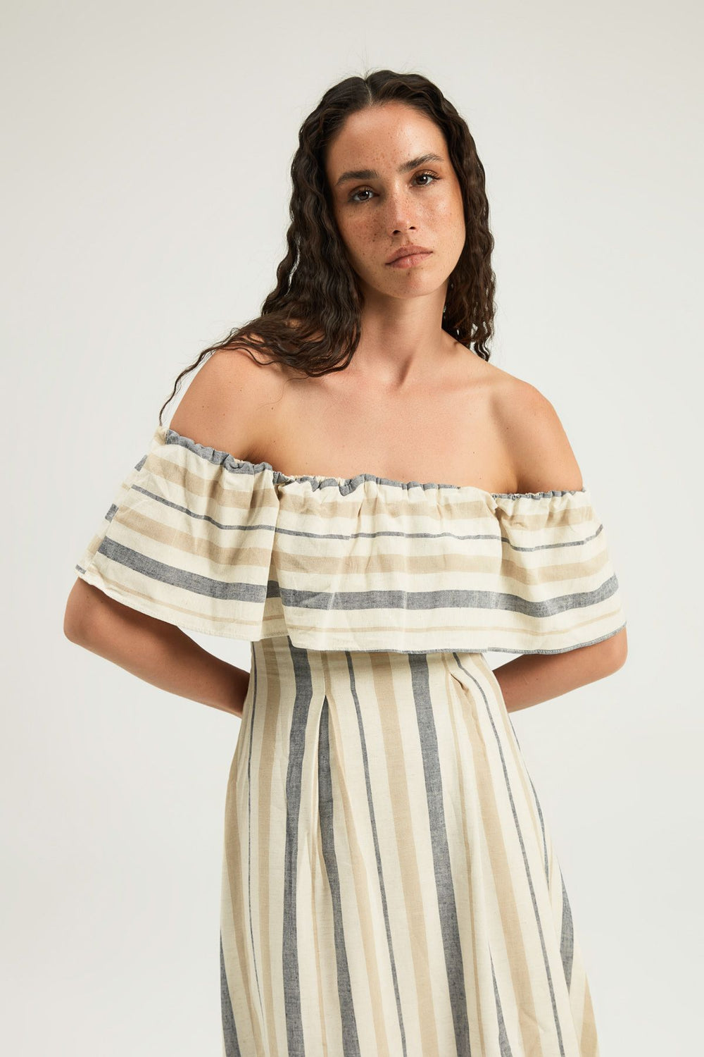 Striped Ruffle Linen Dress Beige