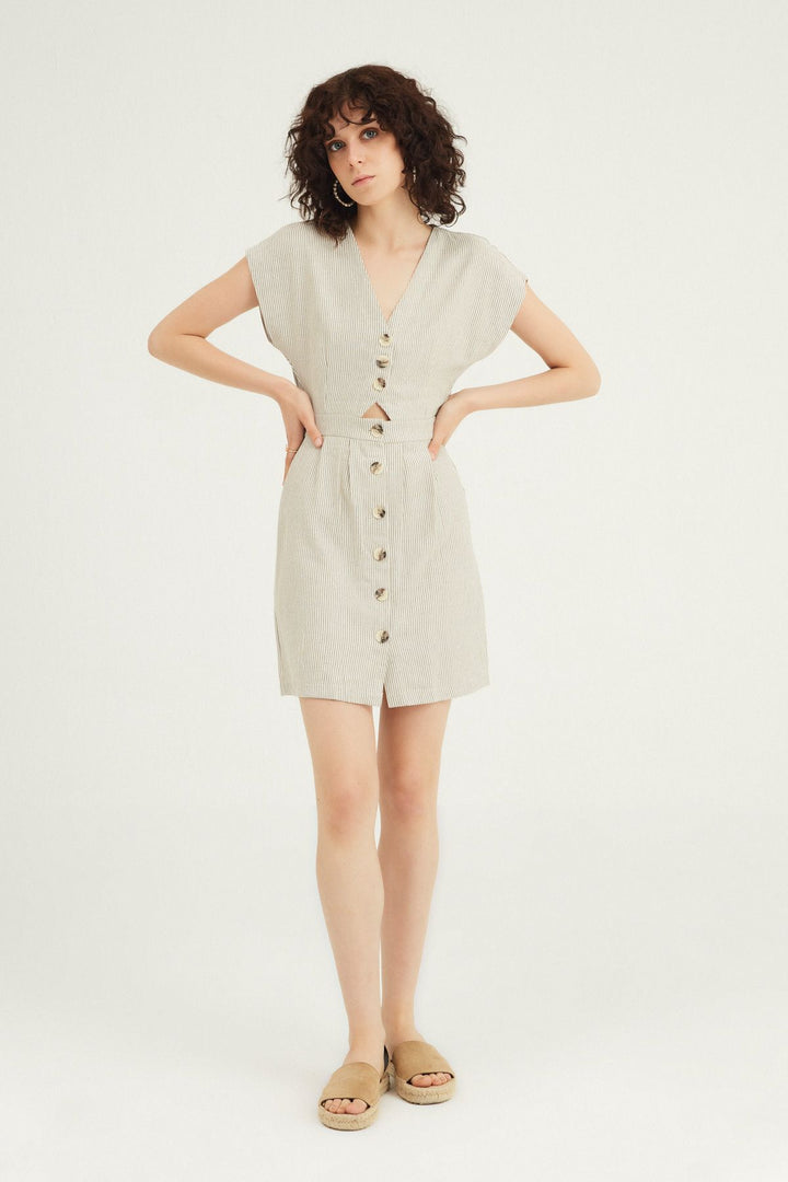 V Neck Buttoned Linen Dress Black