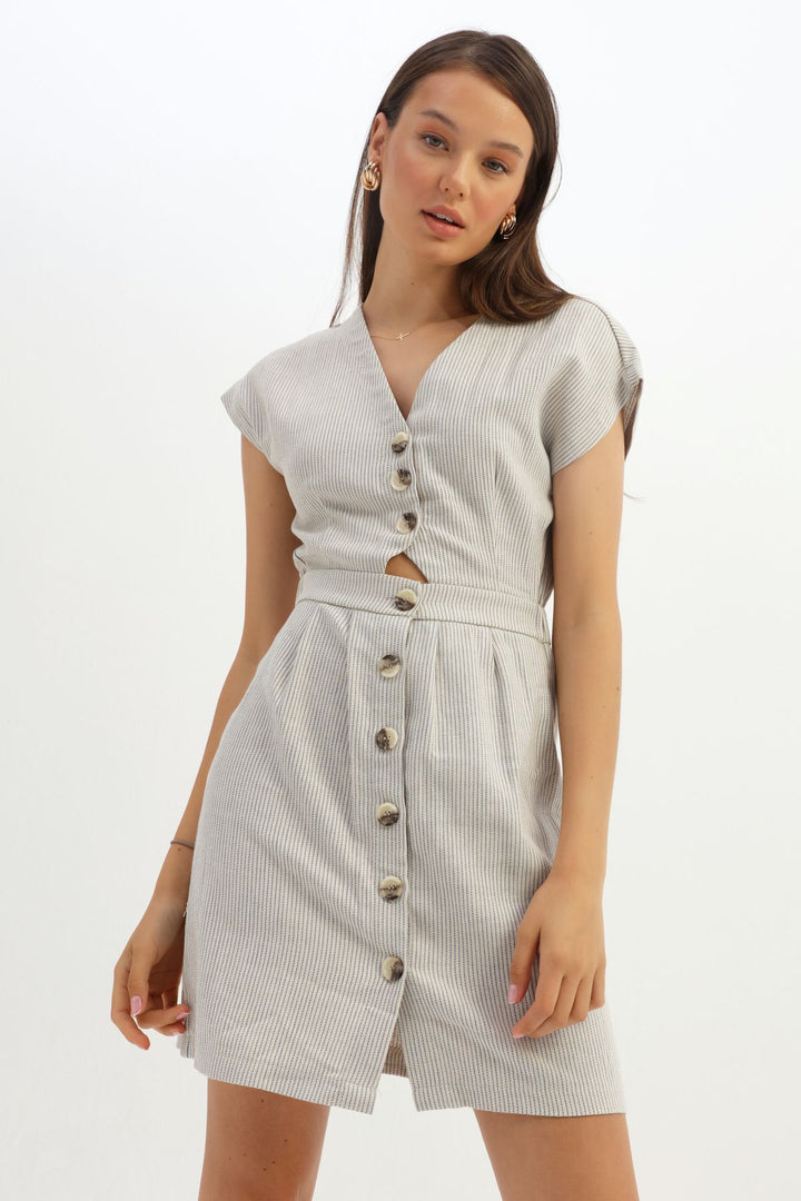 V Neck Buttoned Linen Dress Indigo