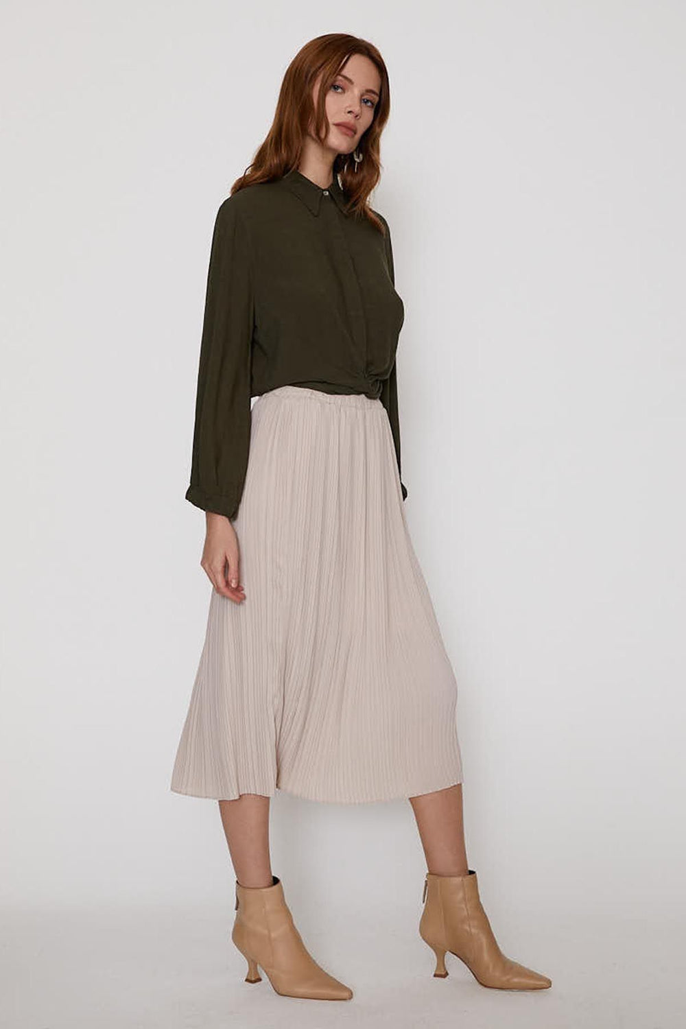 Pleated Midi Skirt Beige