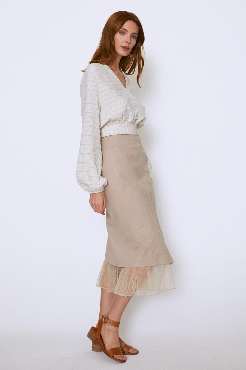 Six Tulle Midi Skirt Beige