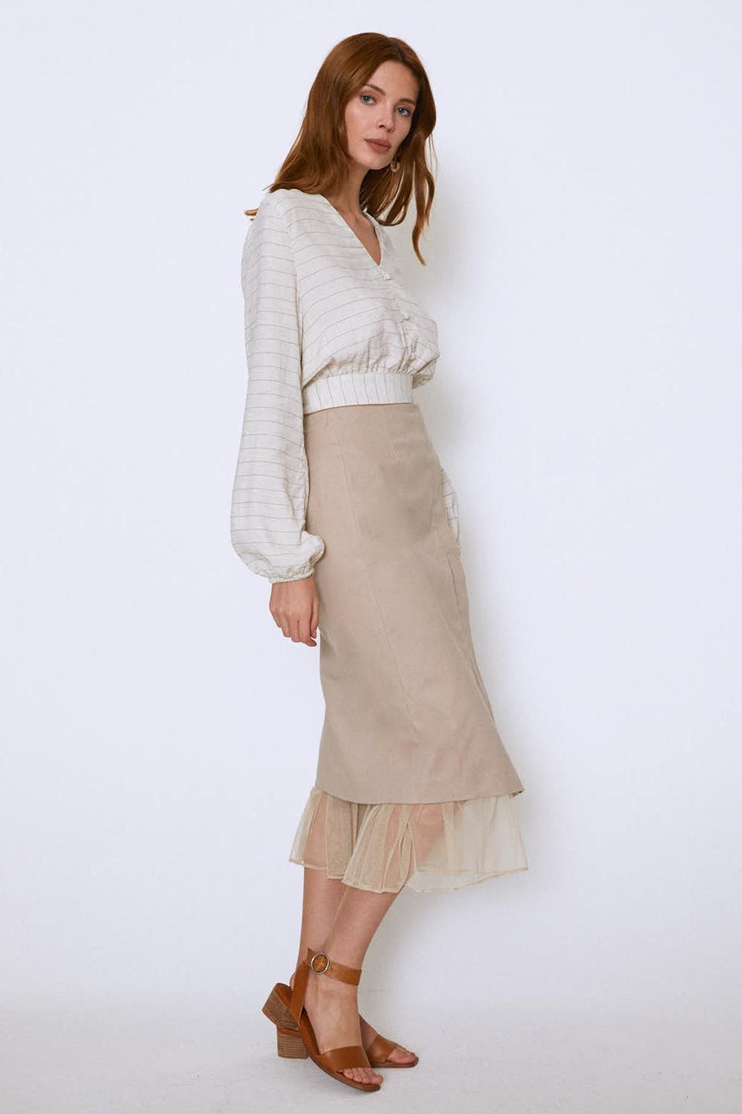 Six Tulle Midi Skirt Beige