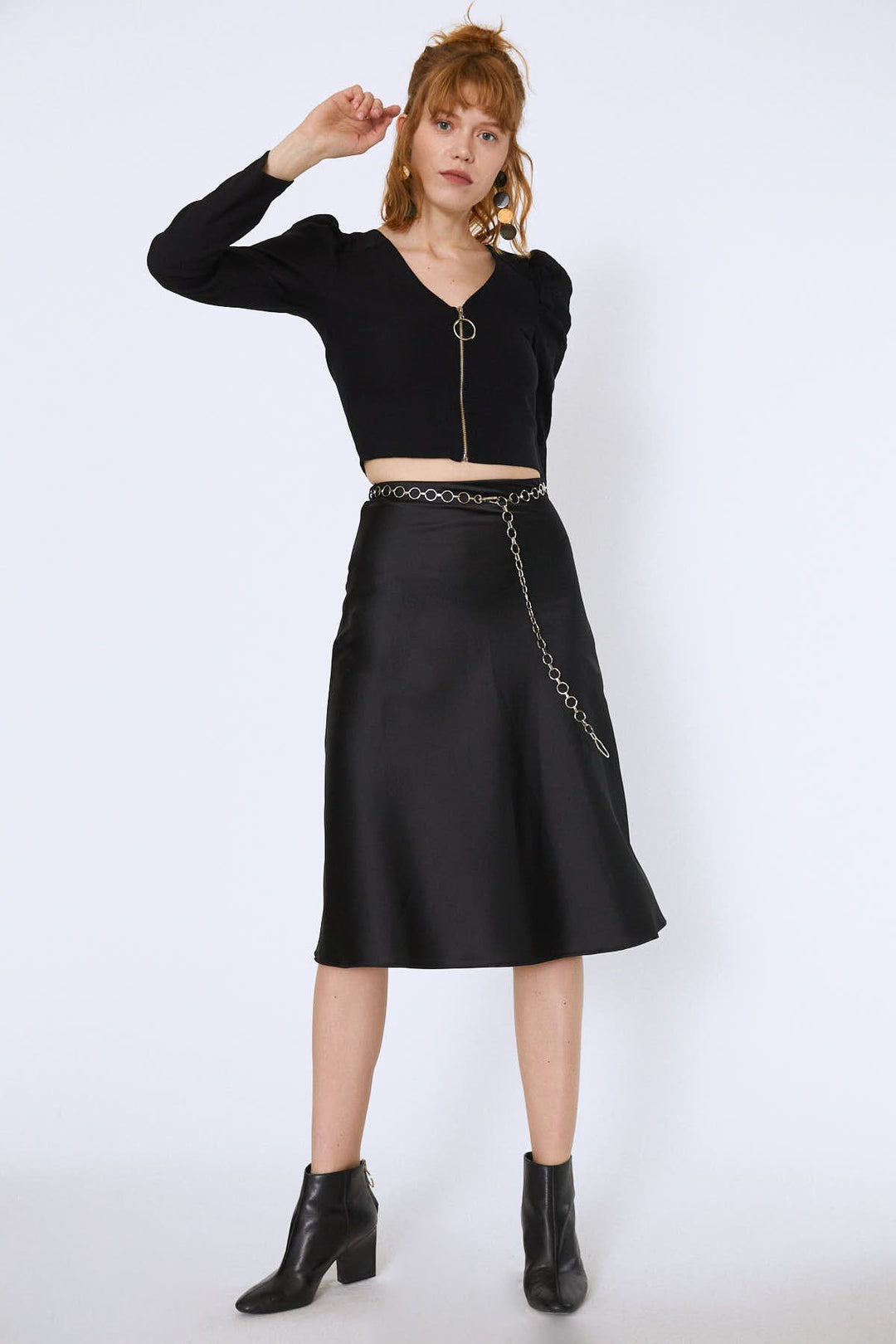 Chain Waist Midi Skirt Black