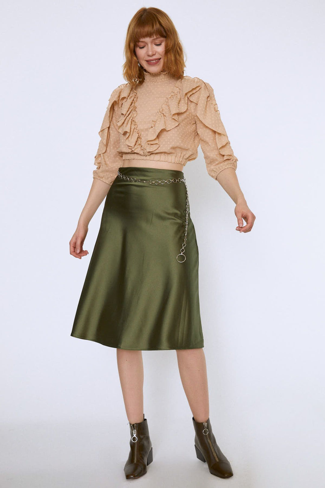 Chain Waist Midi Skirt Khaki