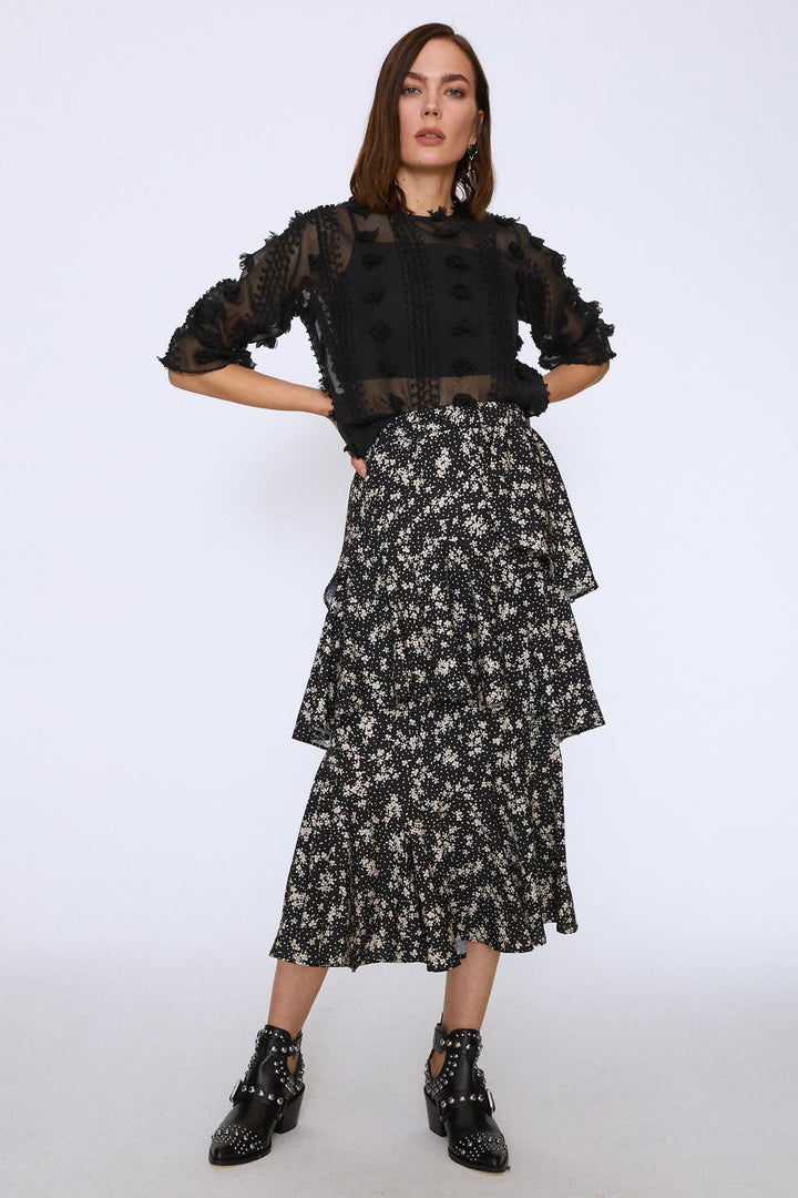 Floral Patterned Layered Skirt Black