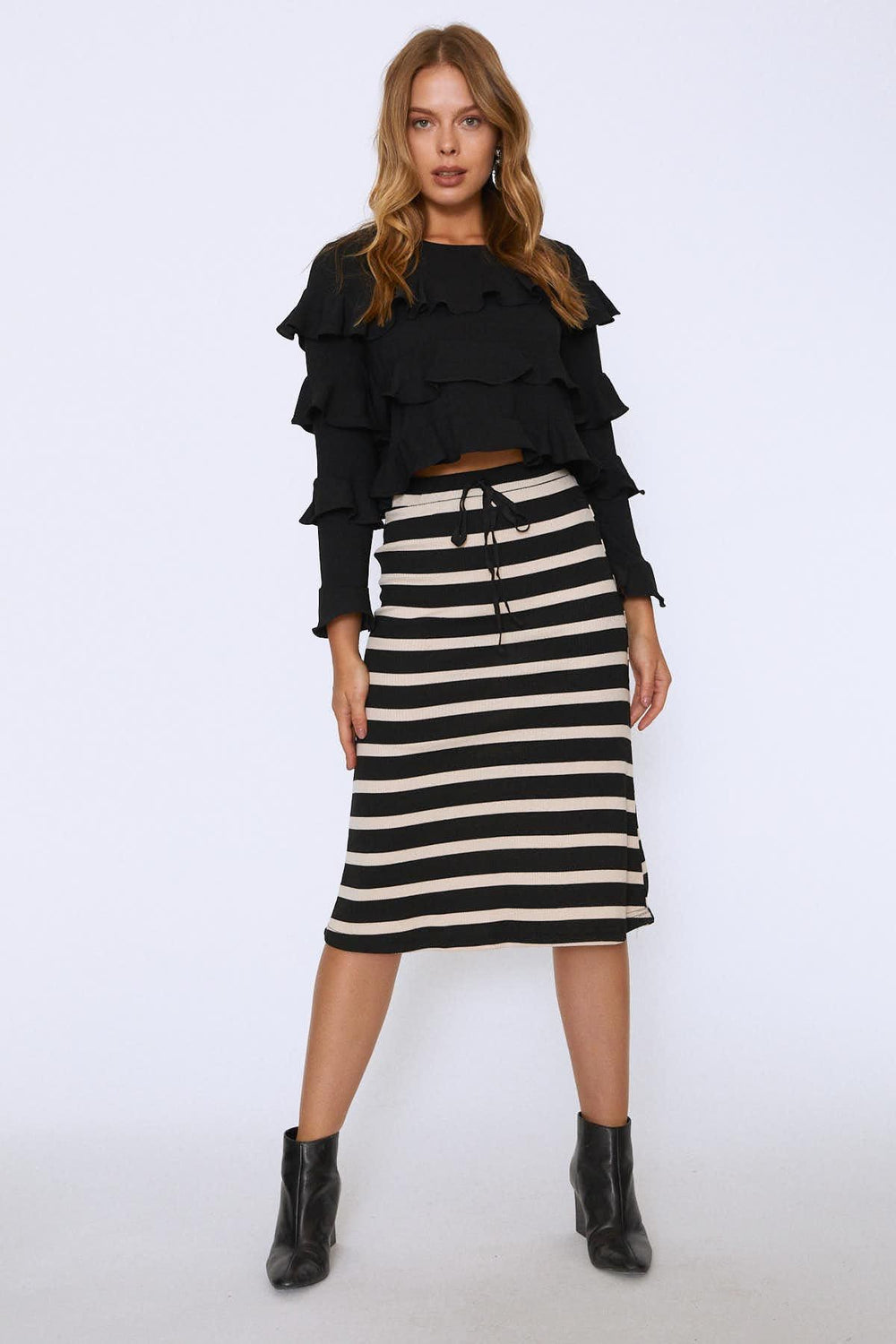 Striped Midi Skirt Beige