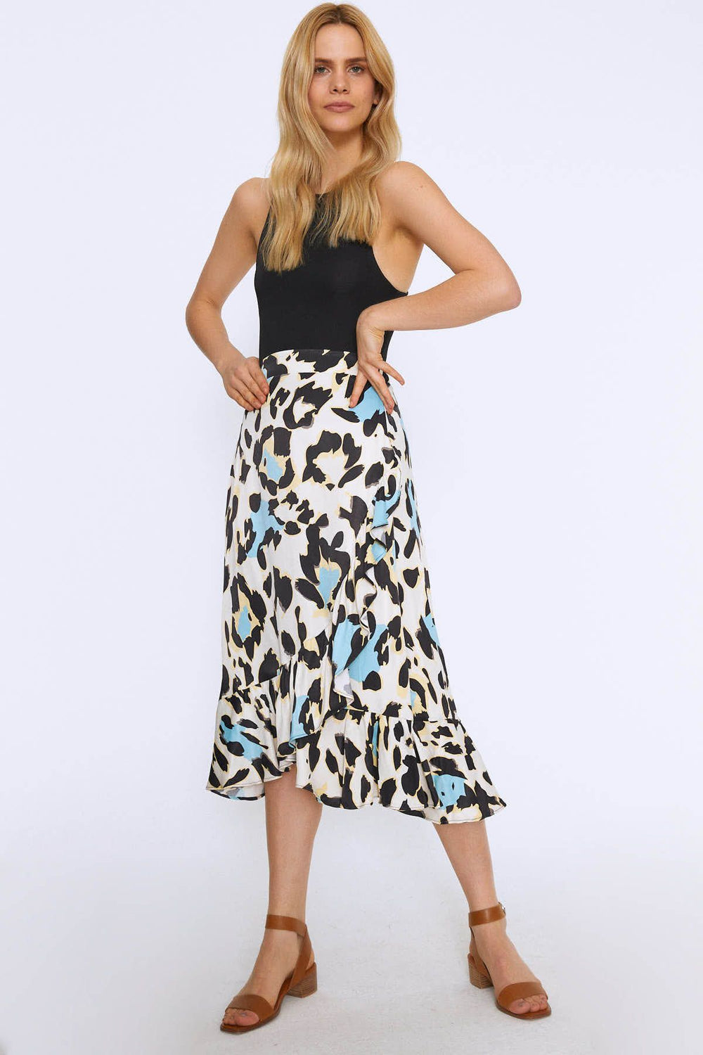 Ruffle Front Midi Skirt Beige