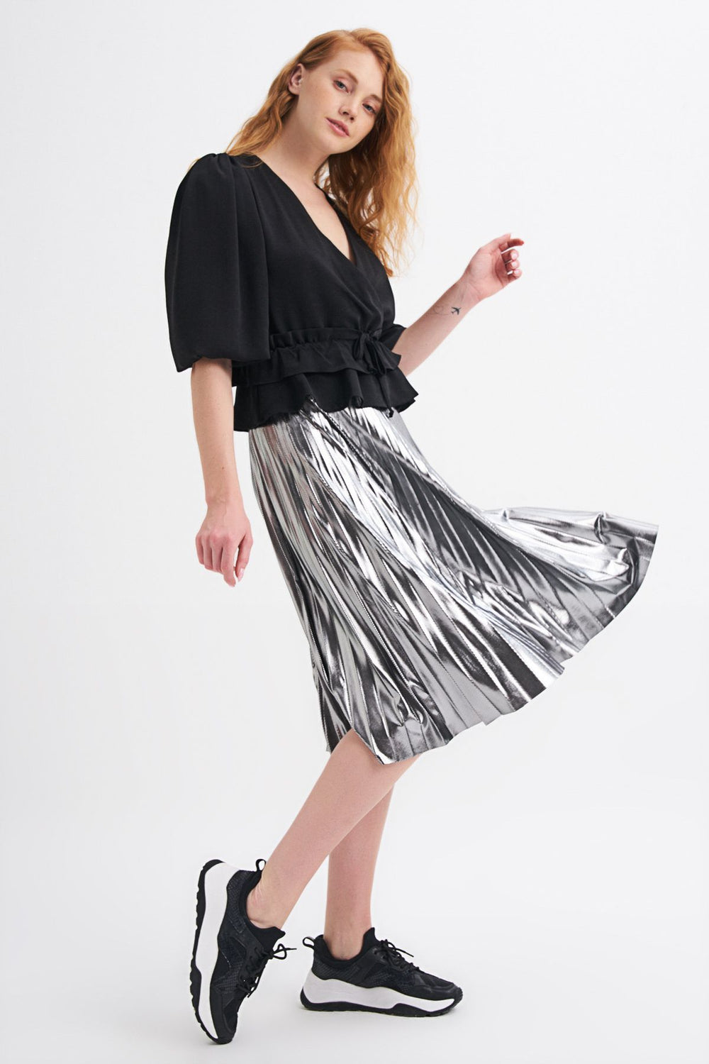 Pleated Midi Skirt Silver