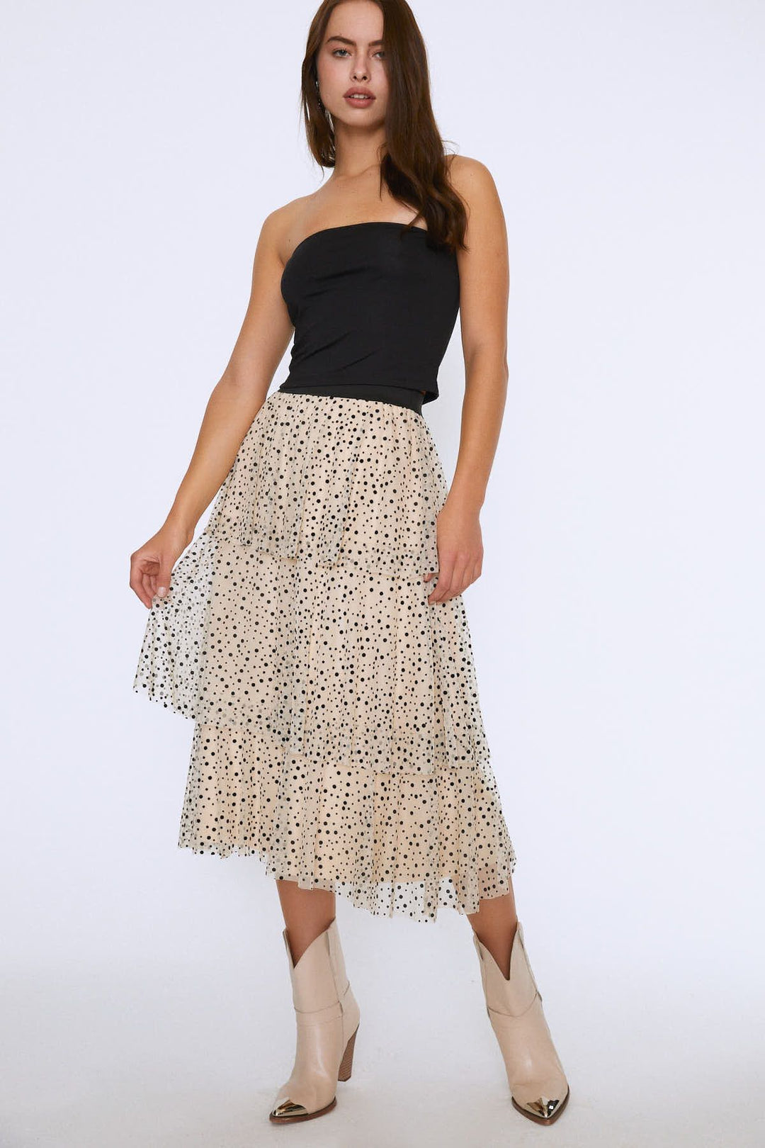 Fırfırlı Beli Lastikli Uzun Etek Bej