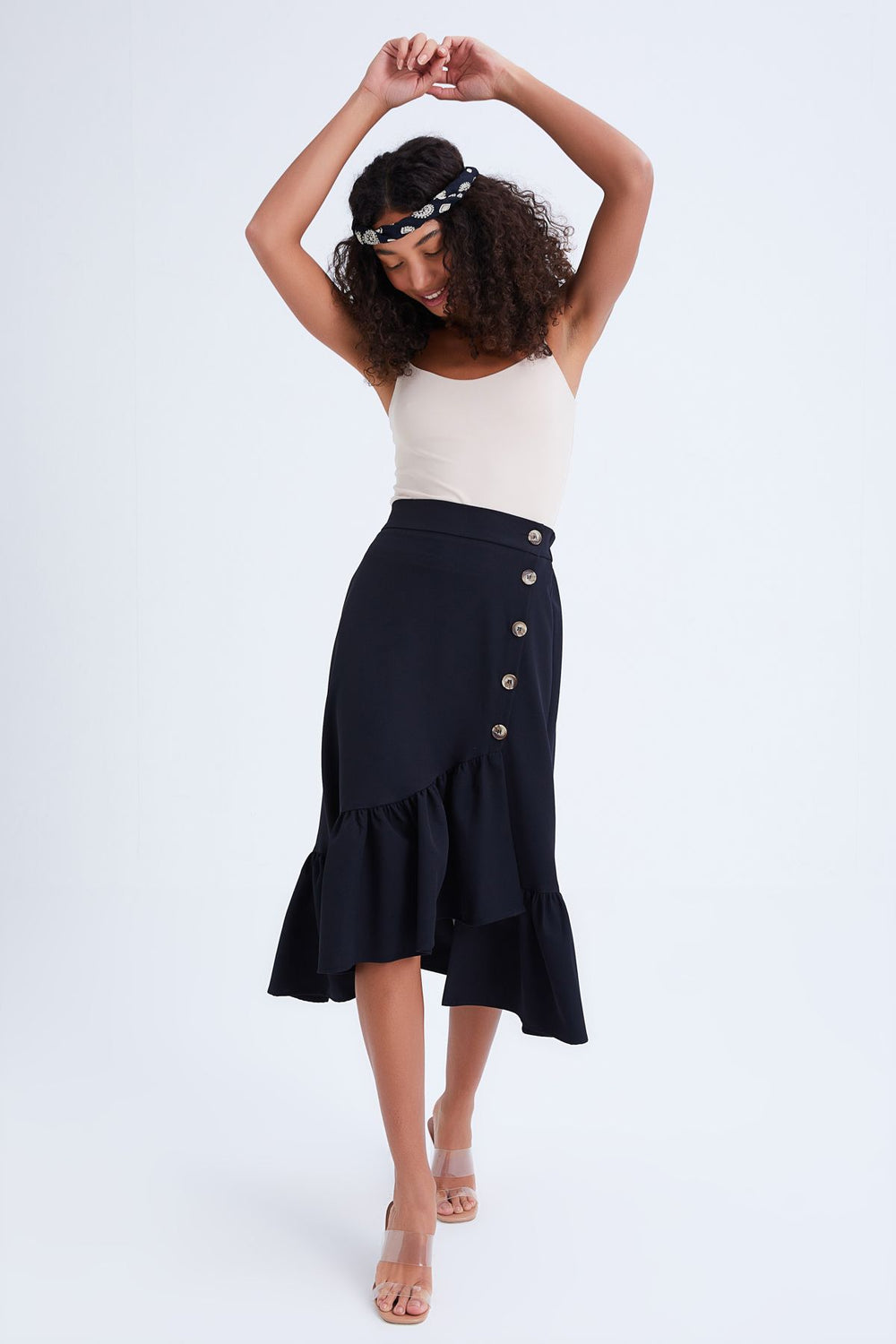 Button Detailed Frilly Skirt Black