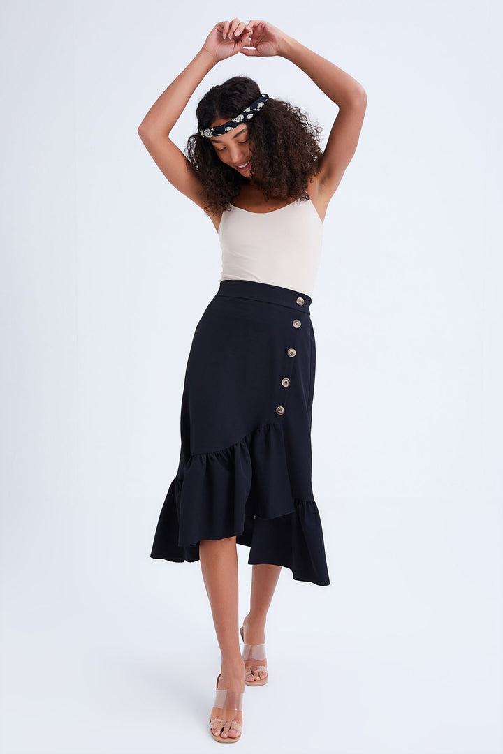 Button Detailed Frilly Skirt Black