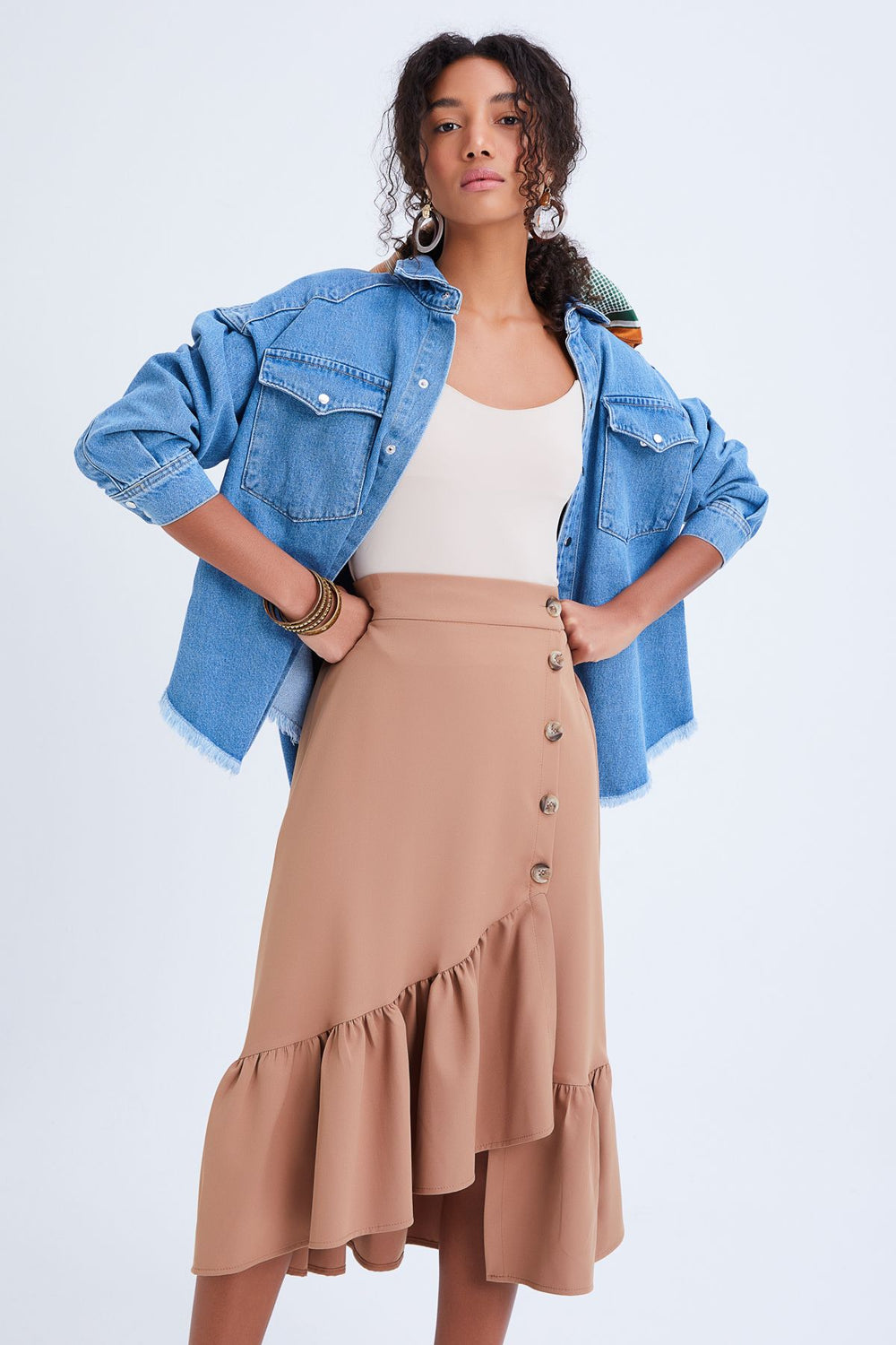 Button Detailed Frilly Skirt Camel