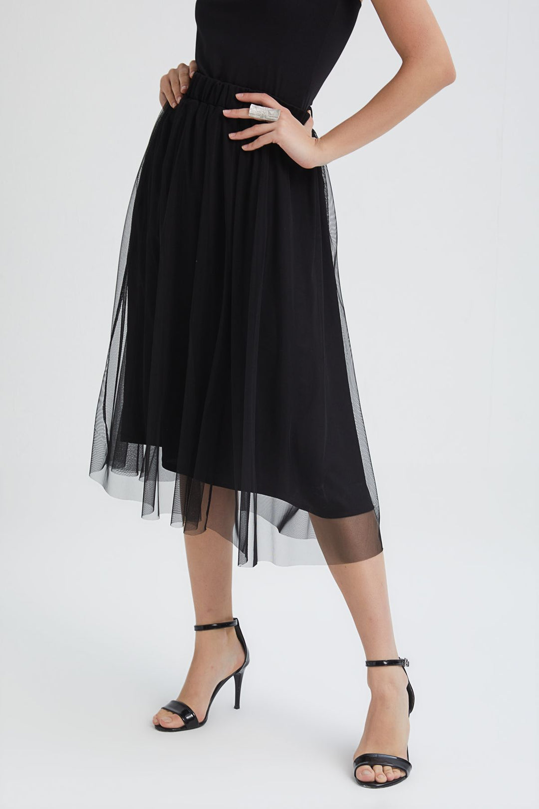 Pleated Tulle Detailed Midi Skirt Black