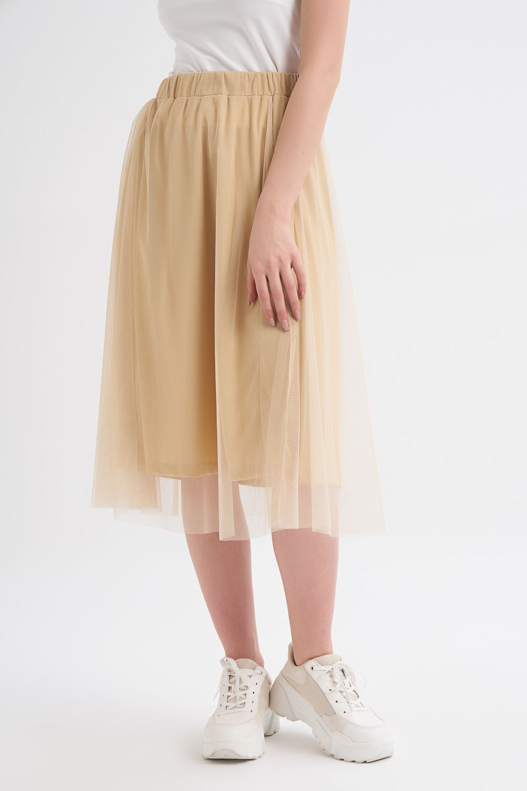 Pleated Tulle Detailed Midi Skirt Beige