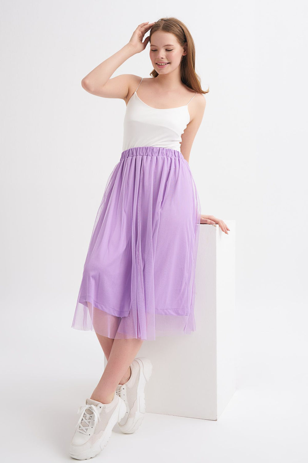 Pleated Tulle Detailed Midi Skirt Lilac