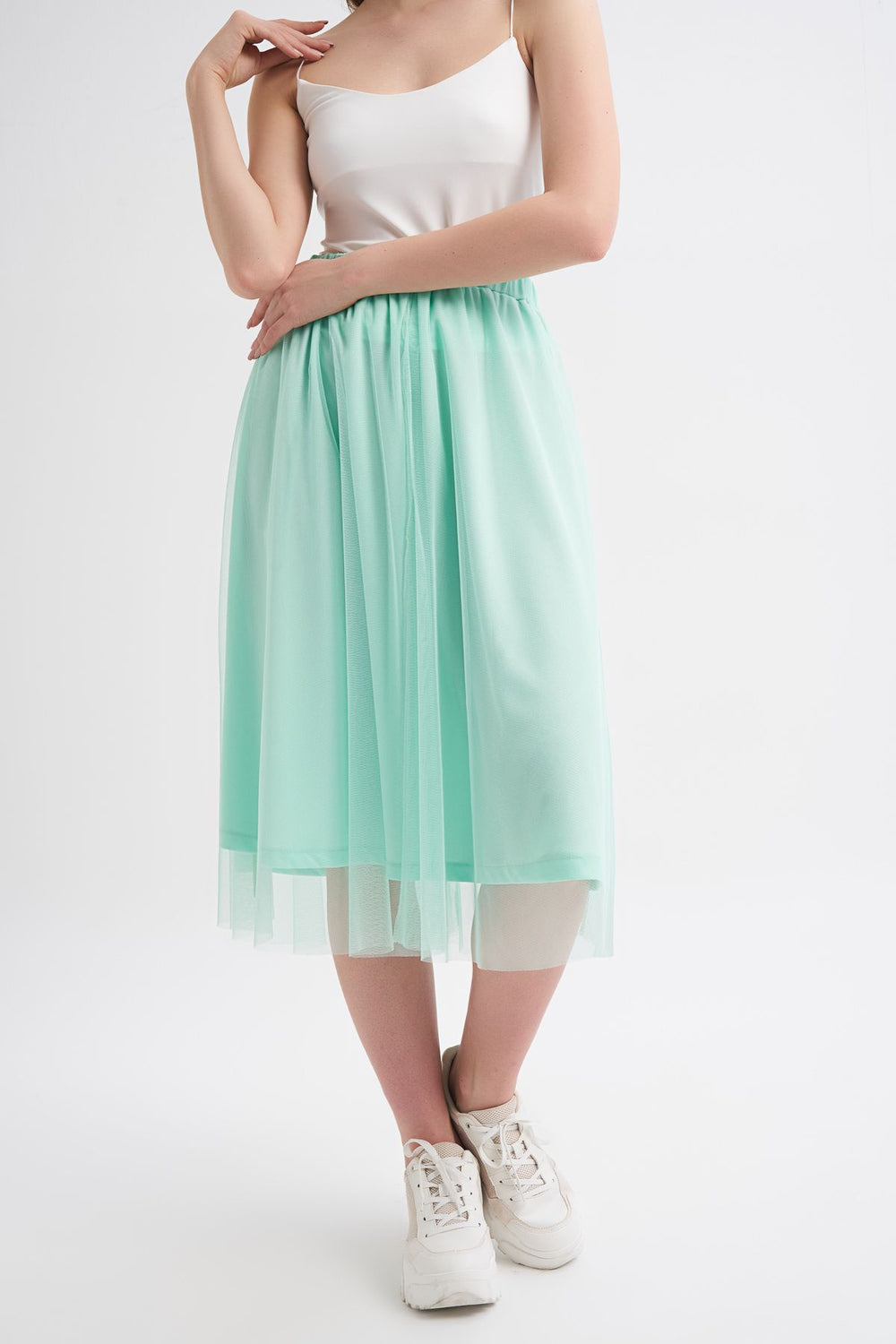 Pleated Tulle Detailed Midi Skirt Mint