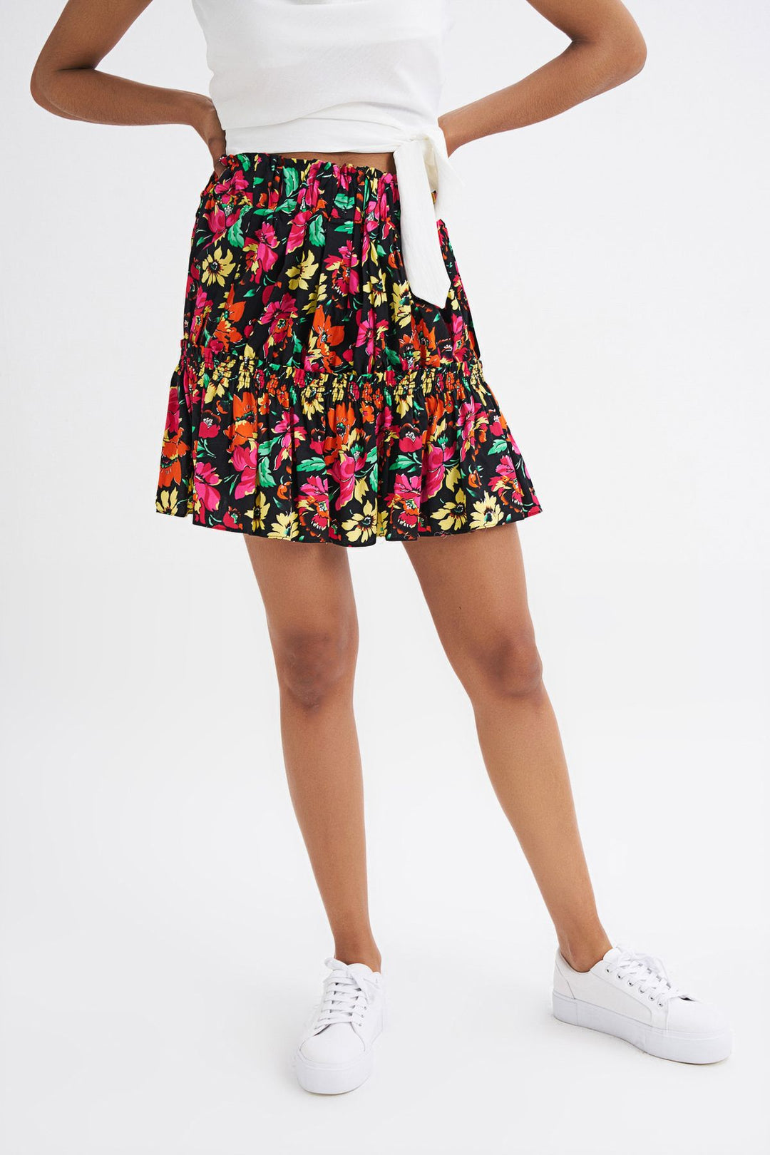 Floral Patterned Elastic Waist Skirt Fuchsia