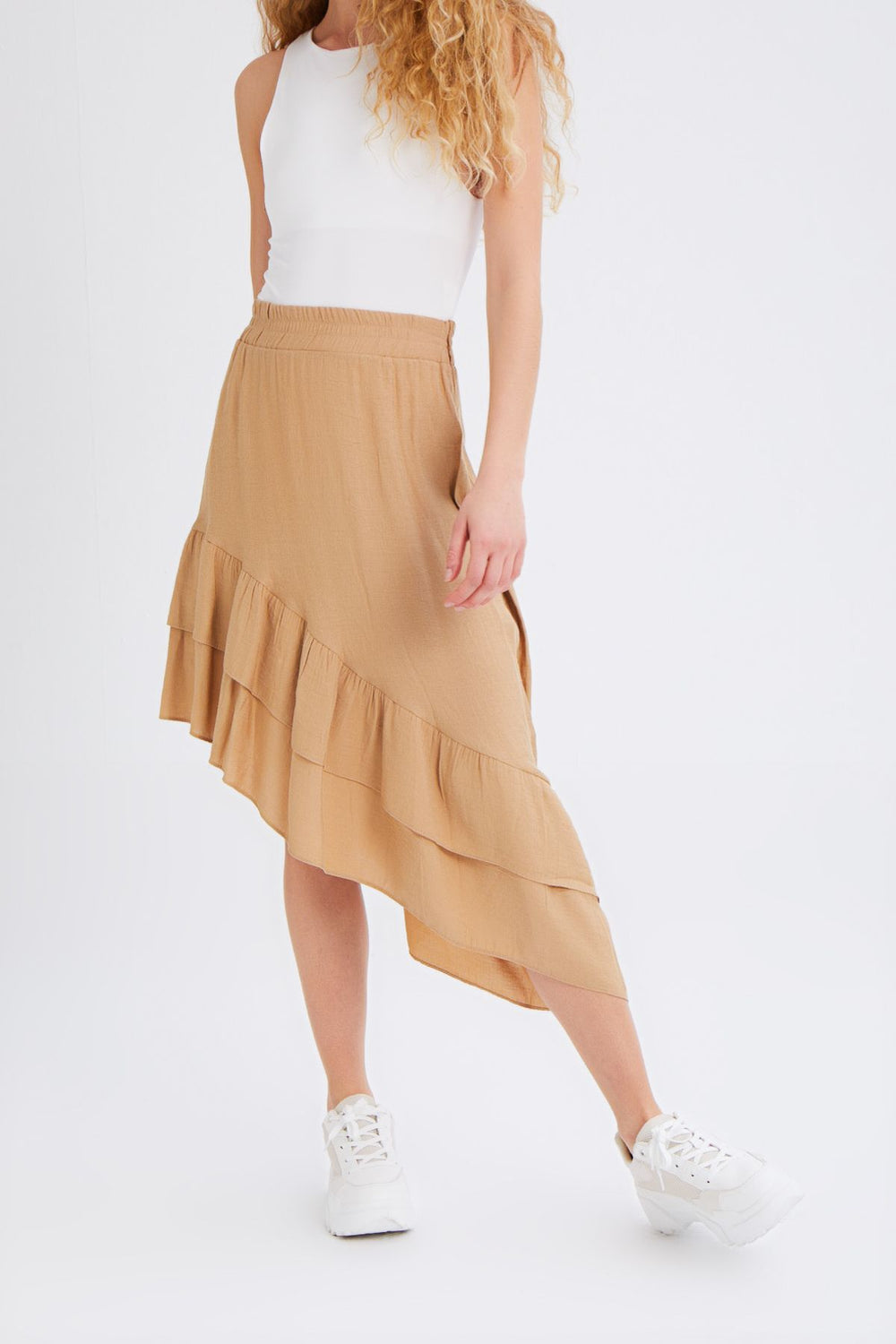 Asymmetric Frilly Skirt Camel