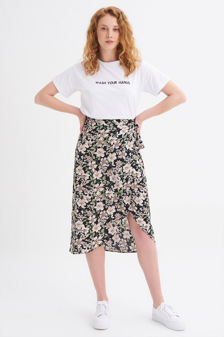 Floral Patterned Wrap Skirt Black