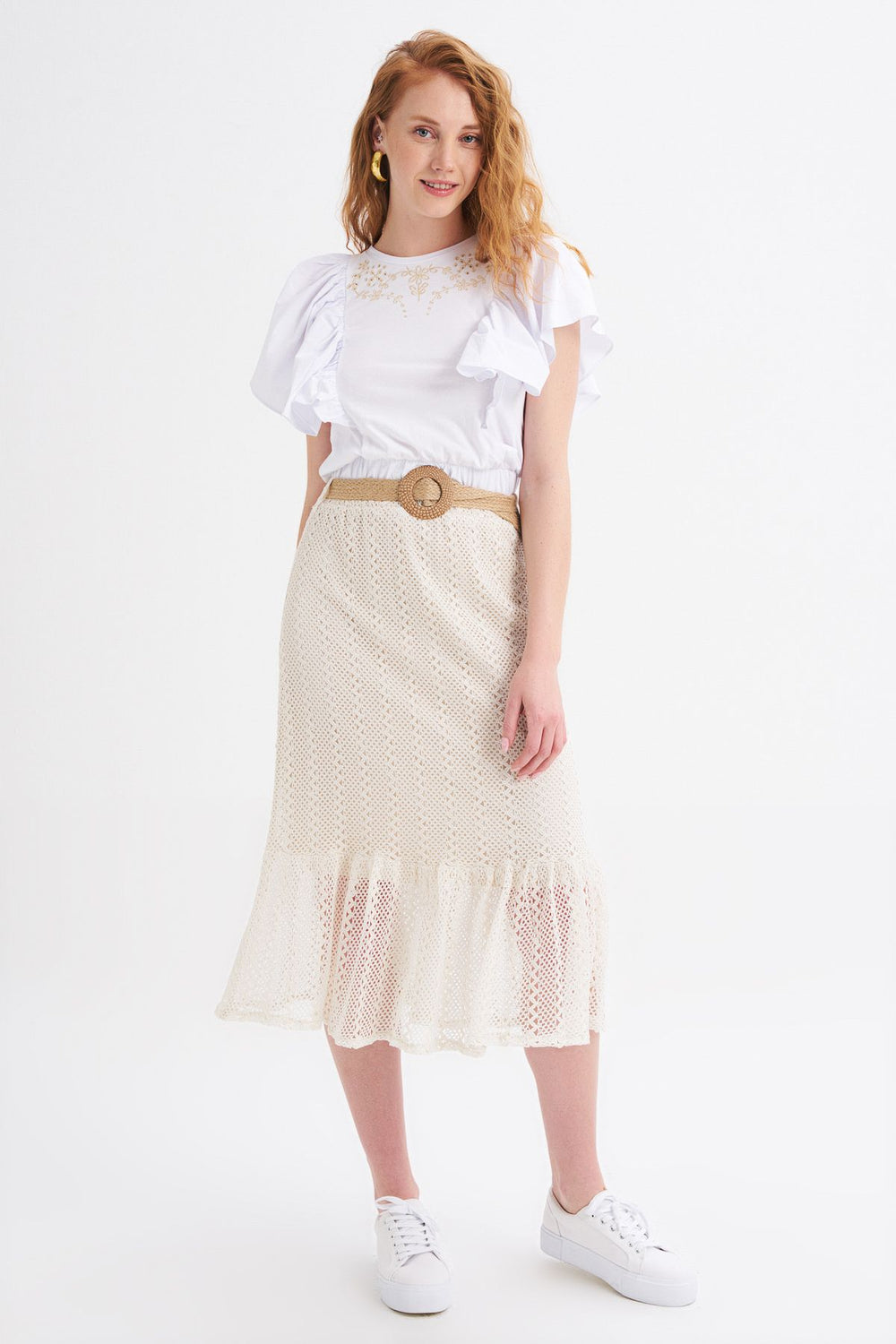 Straw Belt Detailed Guipure Skirt Ecru