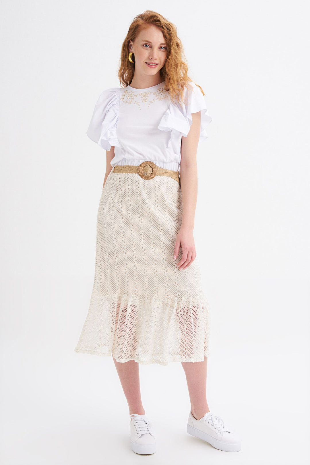 Straw Belt Detailed Guipure Skirt Ecru