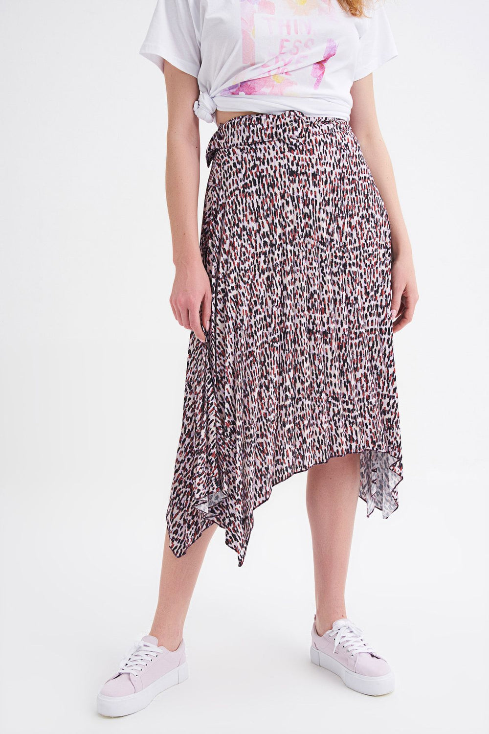 Pleated Belt Detailed Asymmetrical Skirt Lilac