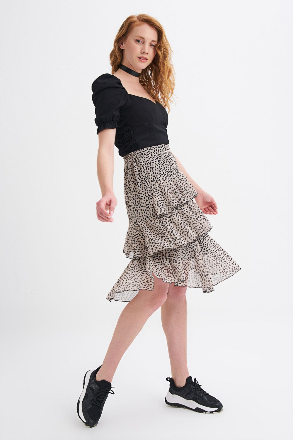 Polka Dot Tiered Midi Skirt Beige