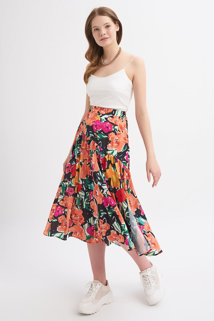 Patterned Slit Detailed Skirt Orange