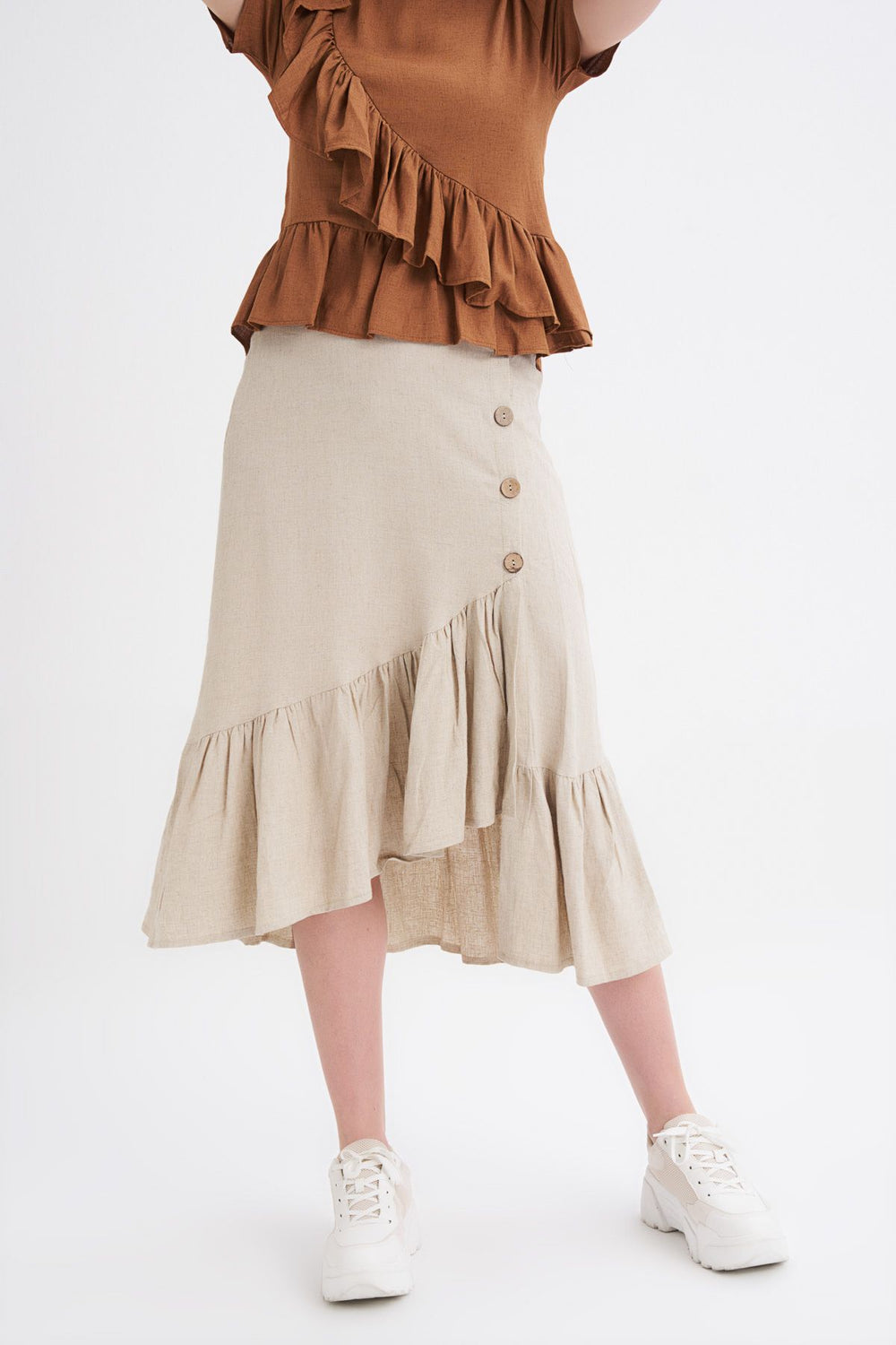Buttoned Slit Linen Skirt Natural