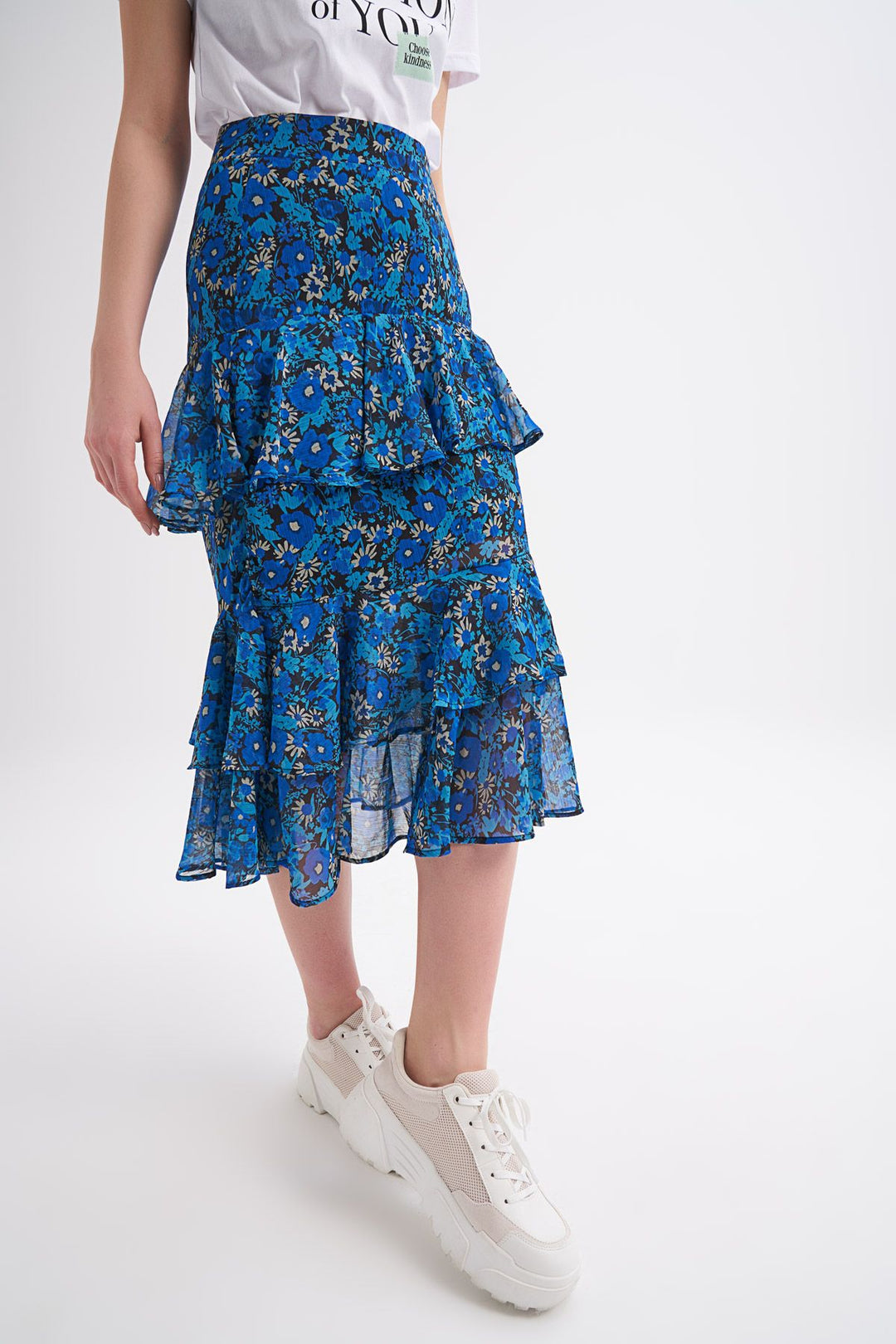 Desenli Fırfırlı Midi Etek Sax