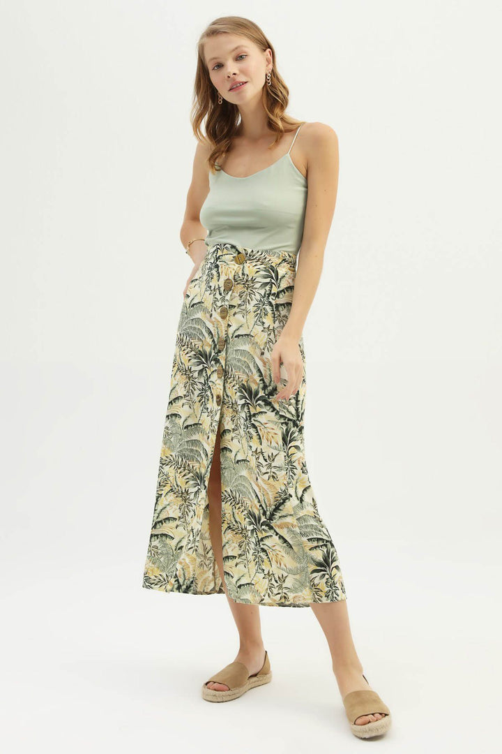 Patterned Slit Skirt Green