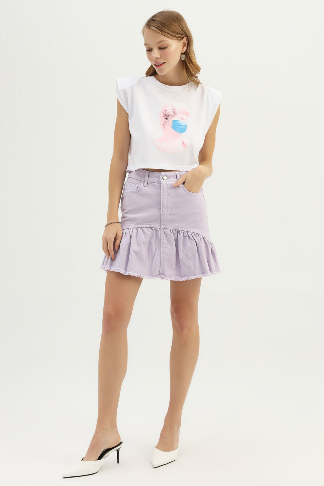 Etek Ucu Pile Detaylı Kot Etek Lila