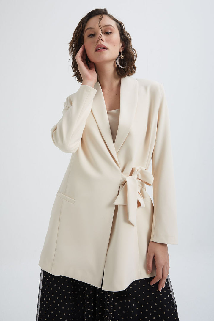 Tie Waist Shawl Collar Jacket Ecru