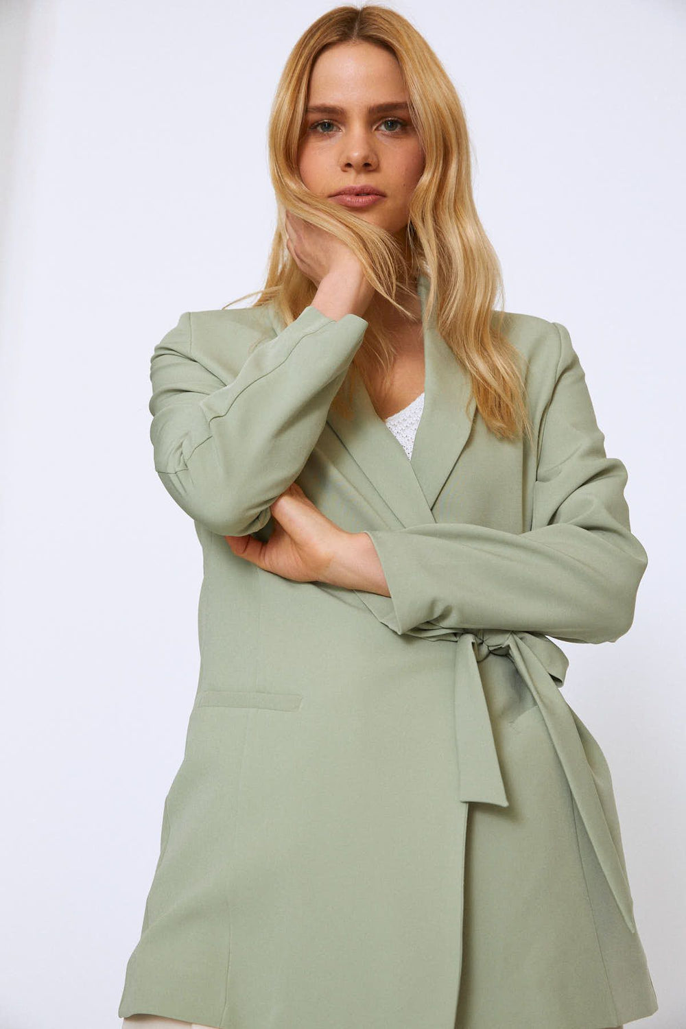 Beli Bağlamalı Şal Yaka Ceket Mint