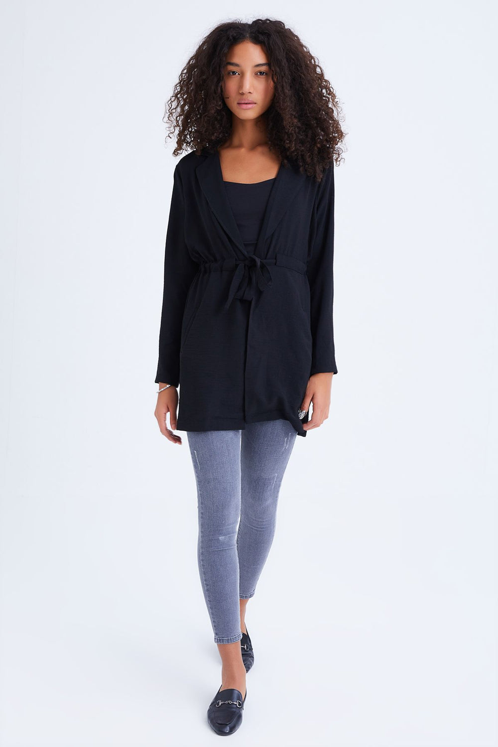 Beli Kuşaklı Uzun Ceket Siyah