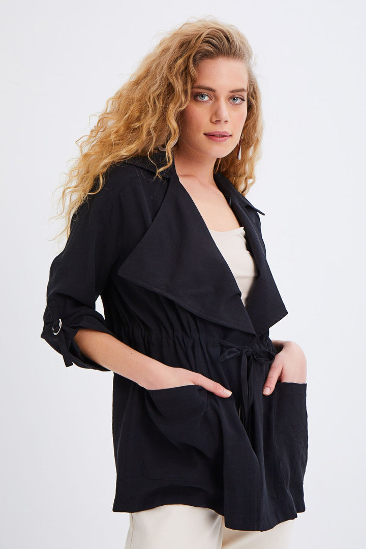 Beli Büzgülü V Yaka Ceket Siyah
