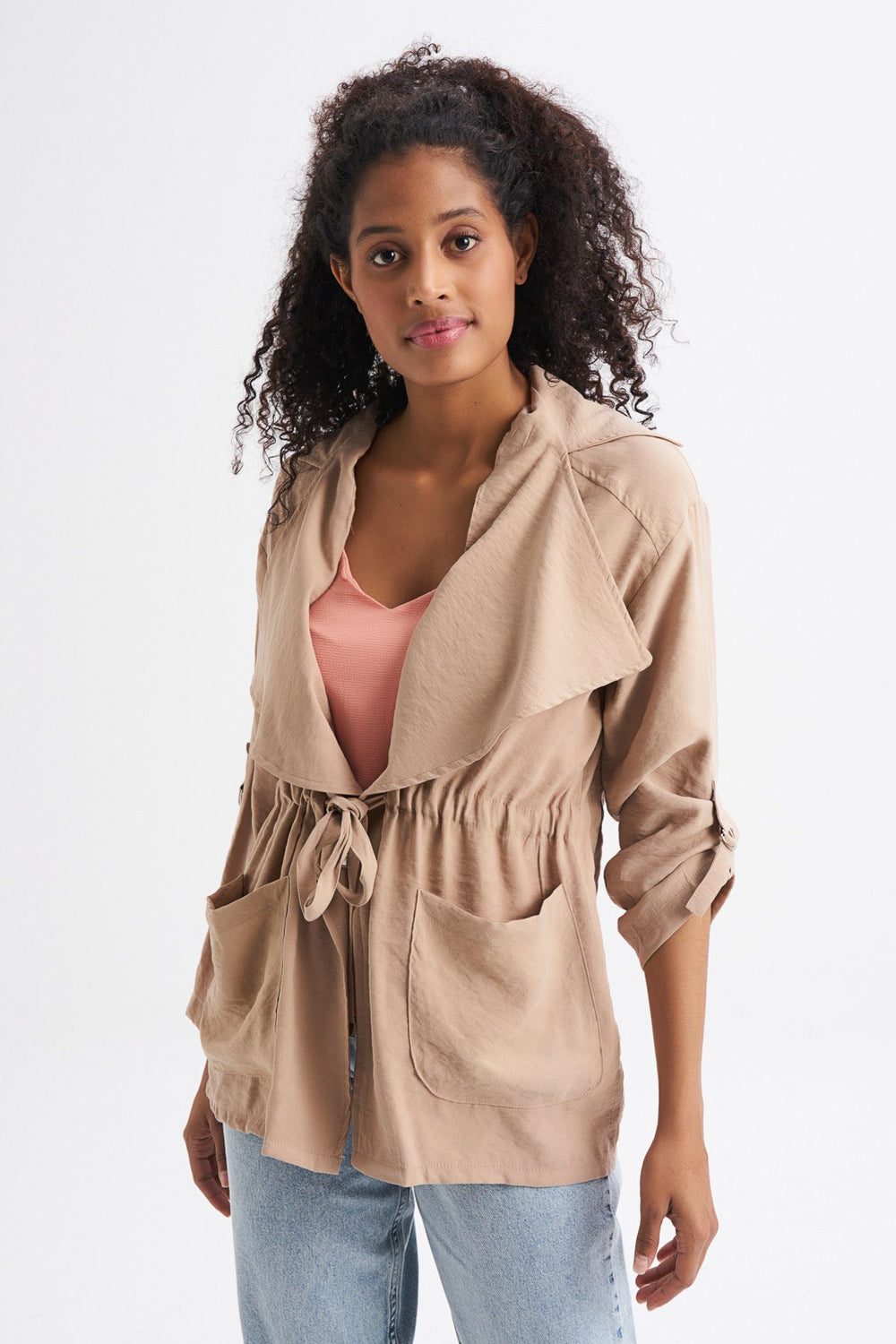 Beli Büzgülü V Yaka Ceket Bej