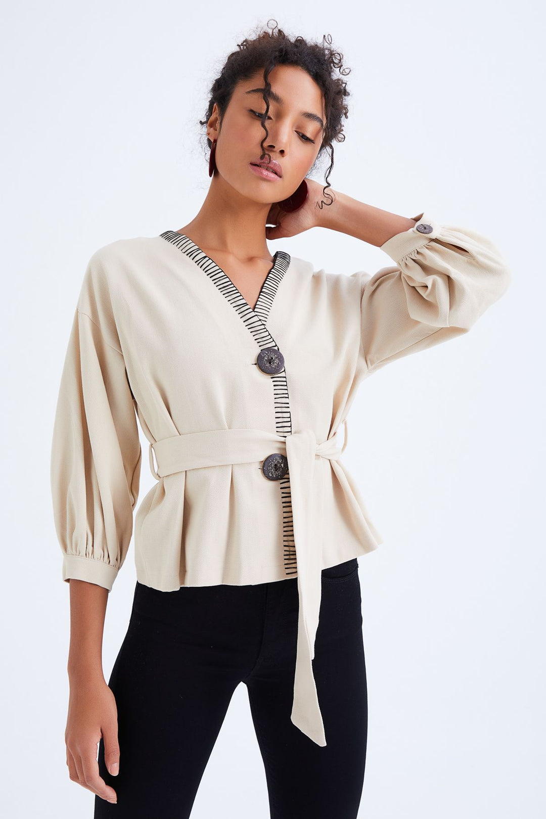 Belt Detailed Buttoned Seasonal Jacket Bone