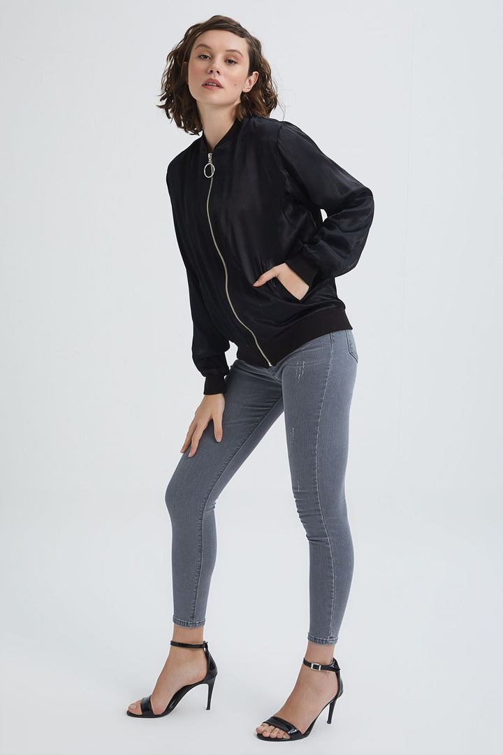 Stripe Detailed Bomber Jacket Black