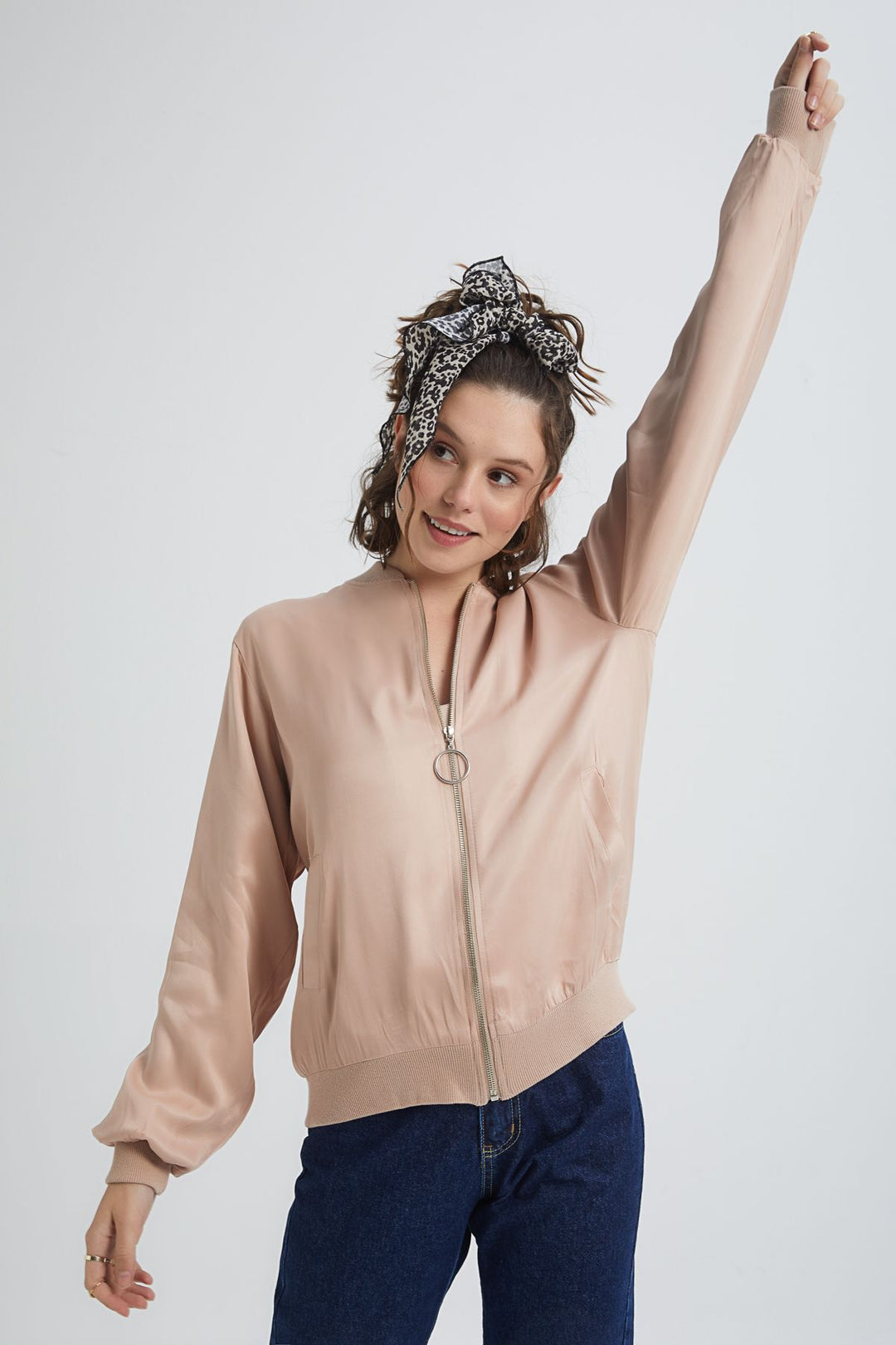 Stripe Detailed Bomber Jacket Powder