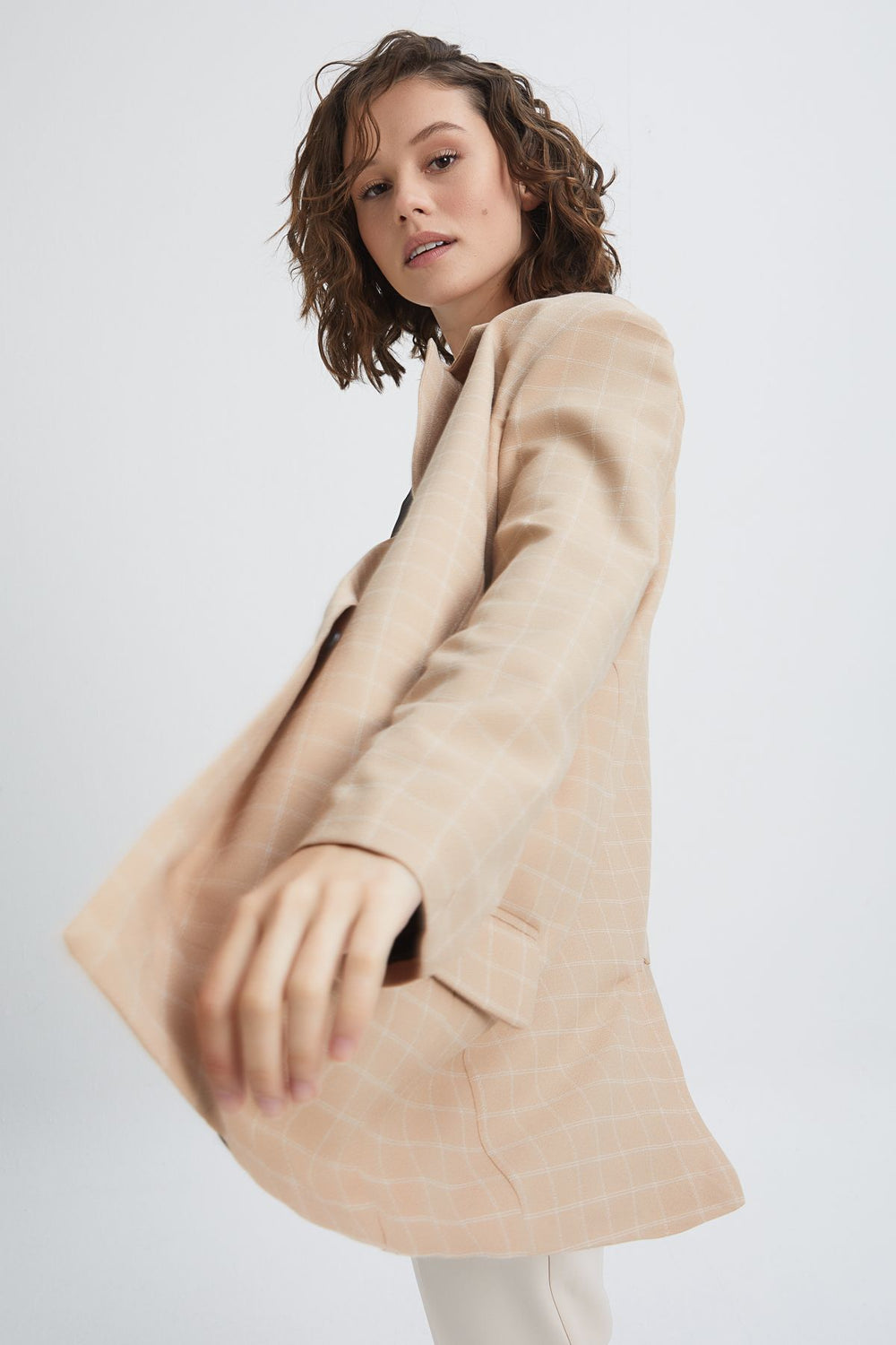 Checked Oversize Blazer Jacket Beige